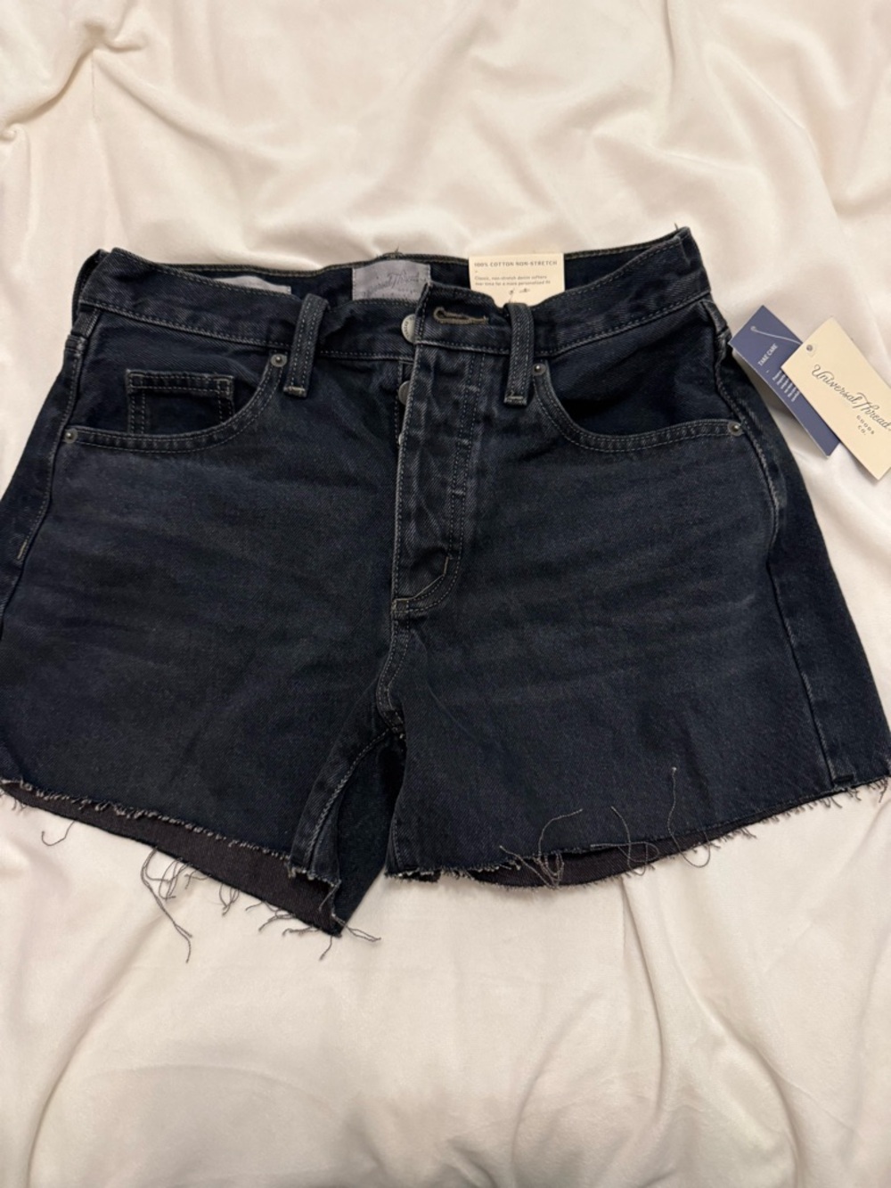 Black Denim Shorts with Frayed Waistband Detail